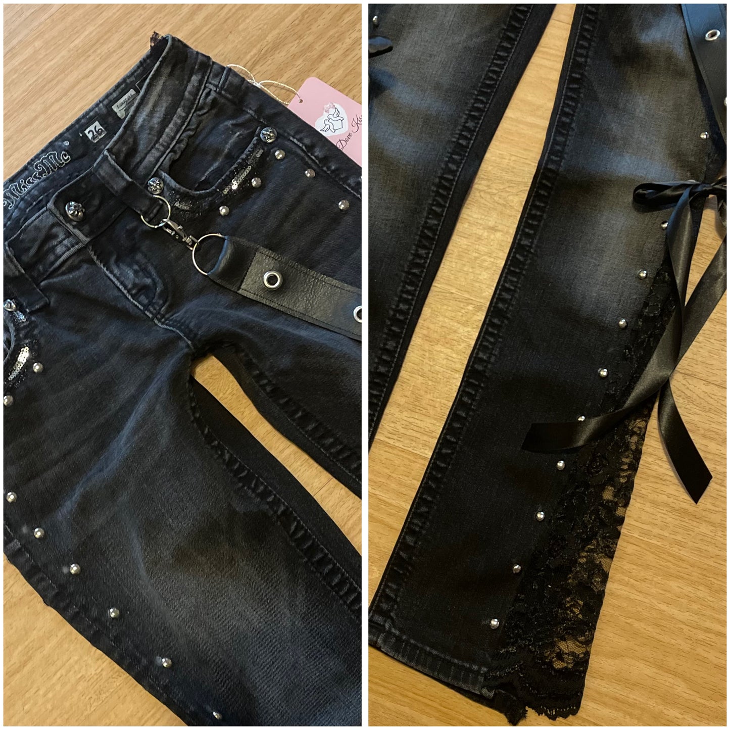 Reworked/upcycled y2k princess OOAK black ribbon jeans (with lace and embellishments)