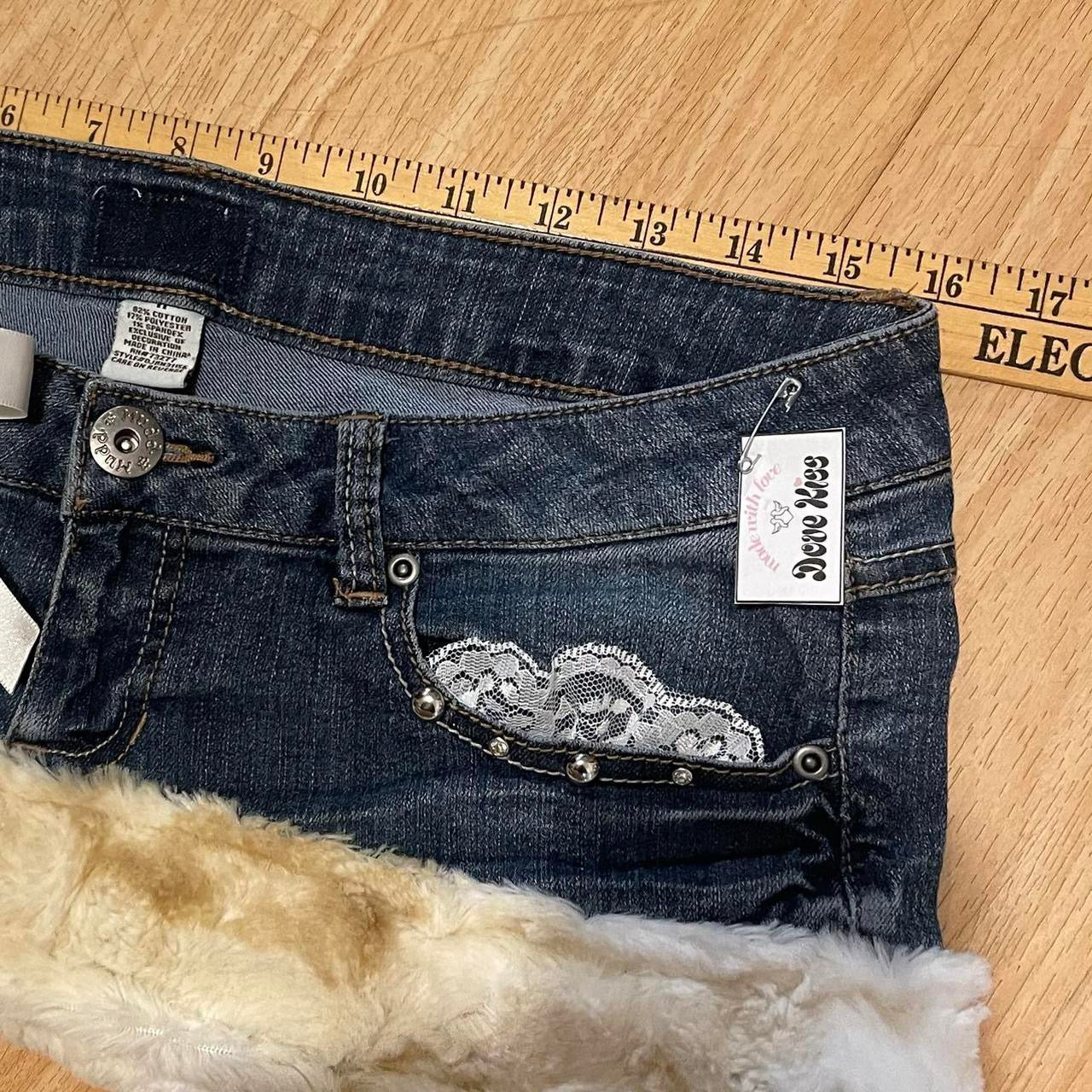 reworked OOAK 2000s angel princess micro mini fur trim skirt with partial inner fur lining, studs, rhinestones, lace, & ribbons ୨୧