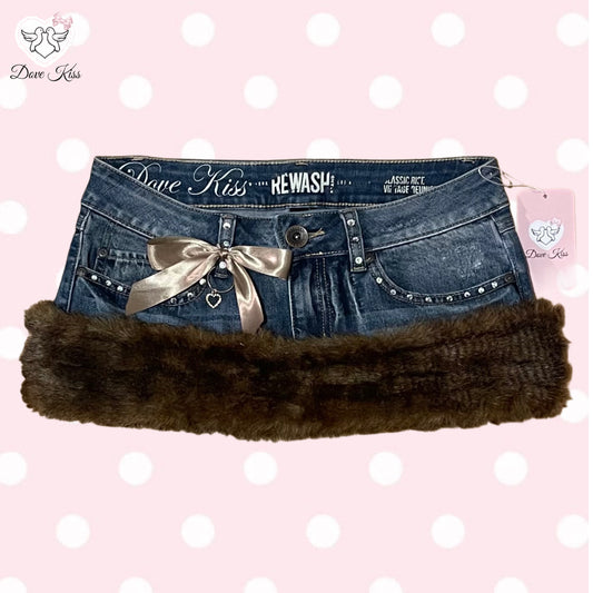 ୨୧ Dove Kiss Princess Micro Mini Faux Fur Trim Skirt - SIZE S