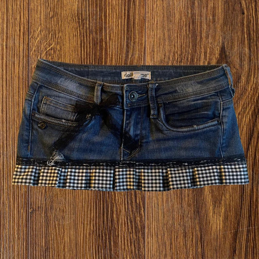 ୨୧ reworked OOAK vintage micro mini denim skirt with trim and bow details