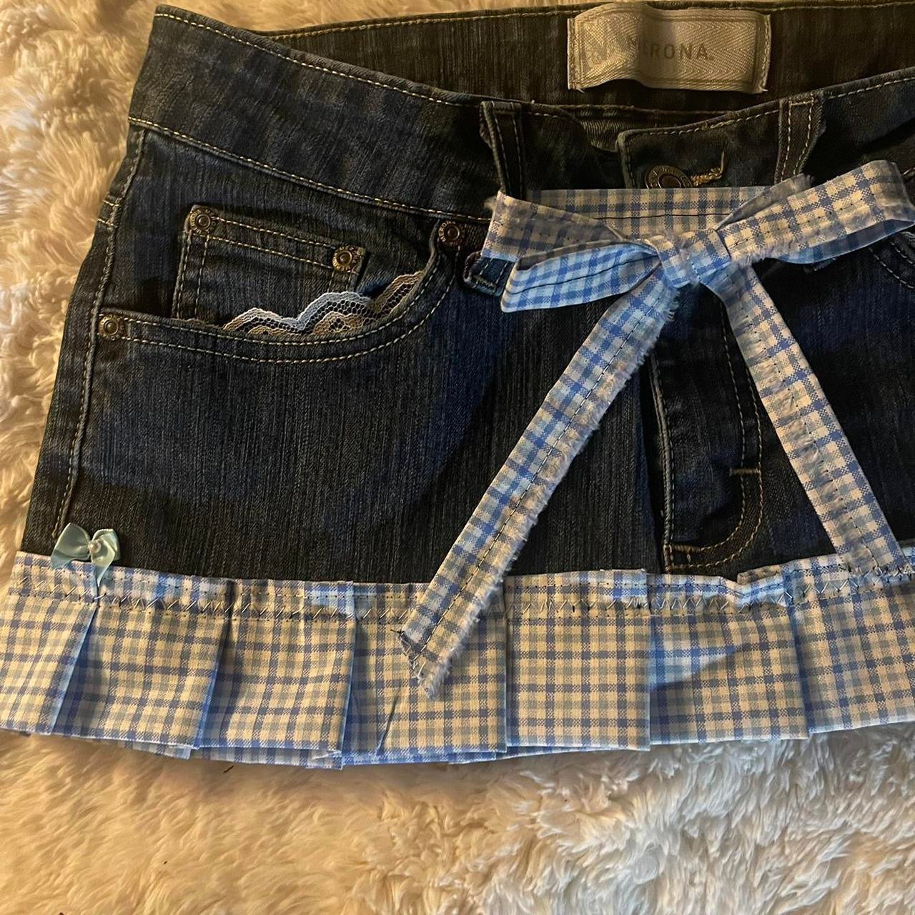 ୨୧ reworked OOAK vintage micro mini denim skirt with gingham baby blue trim, heart patch and bow details