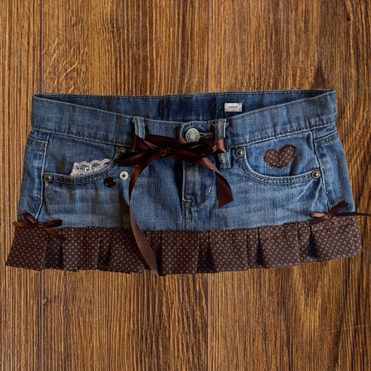 ୨୧ reworked OOAK vintage 70s brooklyn baby princess micro mini denim skirt with plaid trim, lace, buttons and bows