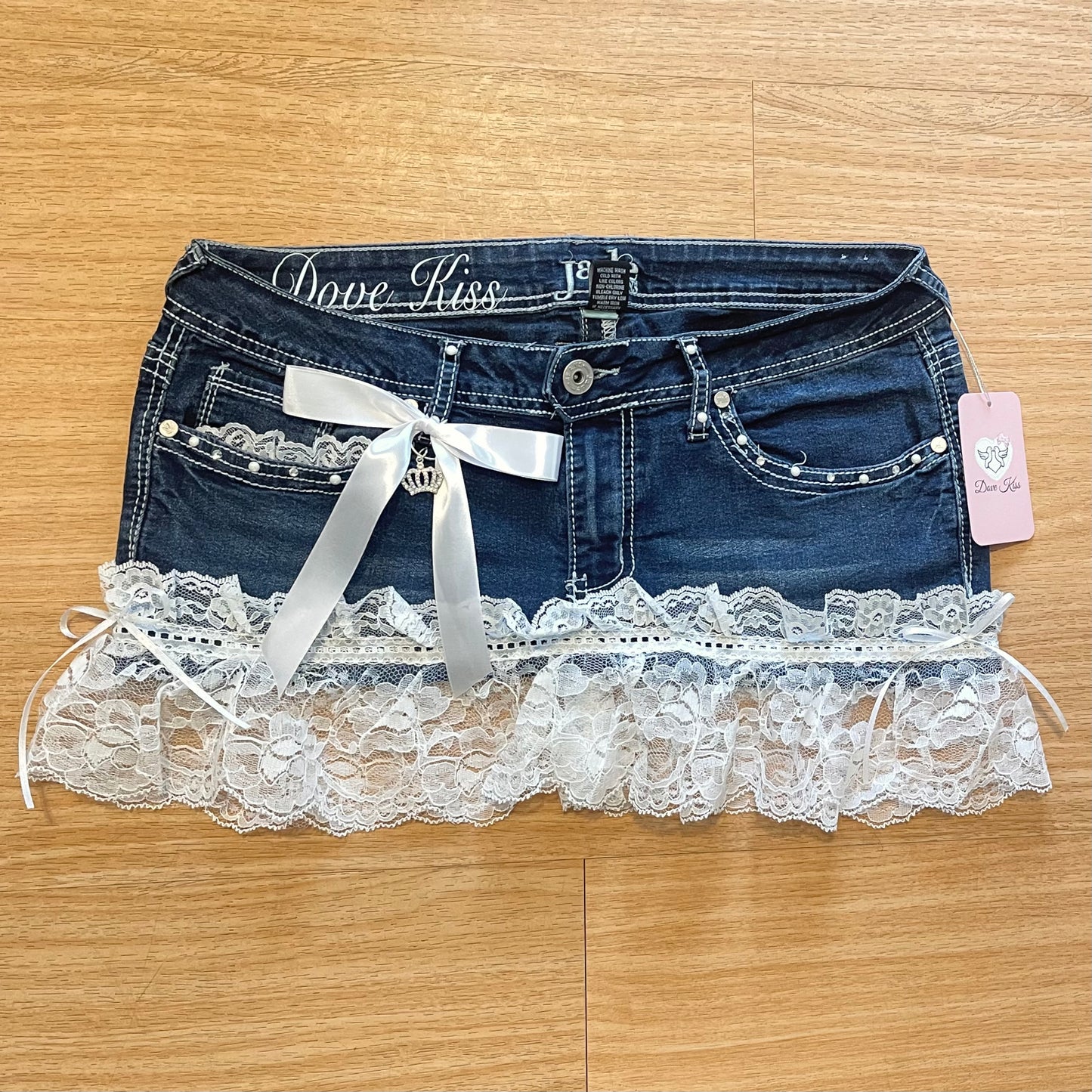 OOAK 2000s Reworked/Upcycled Mini Skirt (with lace & embellishments)