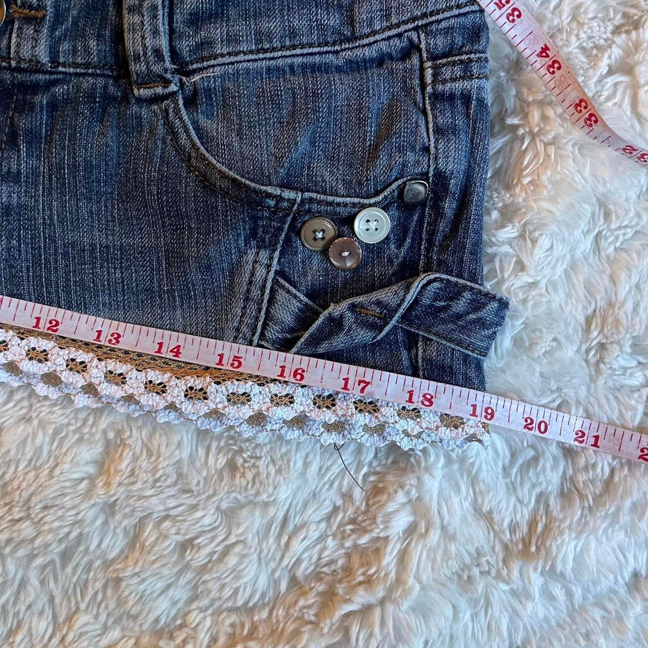 ୨୧ reworked OOAK 2000s princess extreme denim micro mini skirt with buttons, tan crochet lace trim & bow