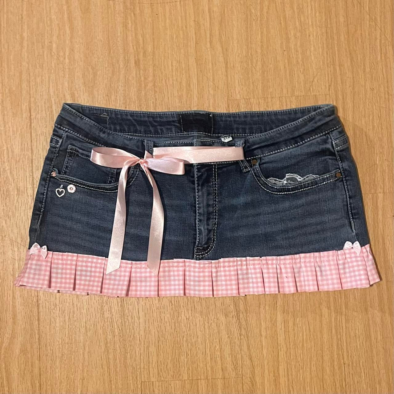 ୨୧ reworked OOAK vintage 2000s pinkaholic princess micro mini denim skirt with lace, charms, baby pink gingham trim and baby pink bows