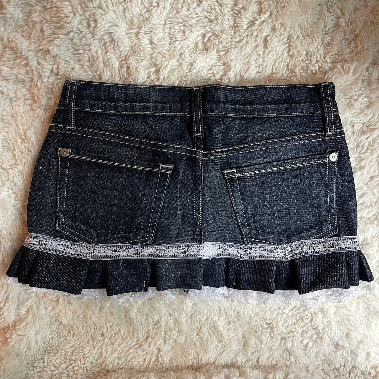 reworked OOAK 2000s princess dark wash denim mini skirt w bows, lace, & handmade pleats ୨୧
