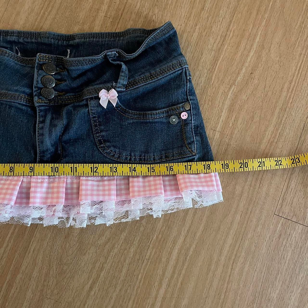 ୨୧ reworked OOAK vintage 2000s triple button micro mini denim skirt with trim and baby pink bow details