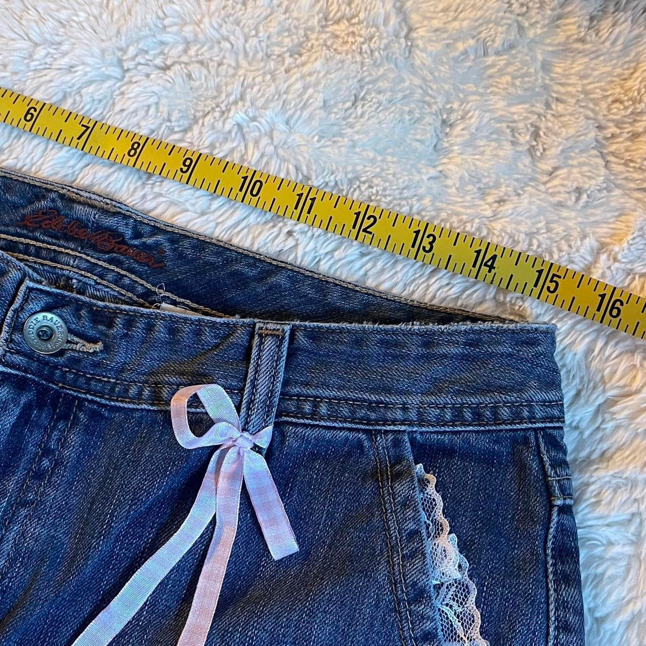 ୨୧ reworked OOAK 2000s extreme denim micro mini skirt with lace trim & pink + white bows