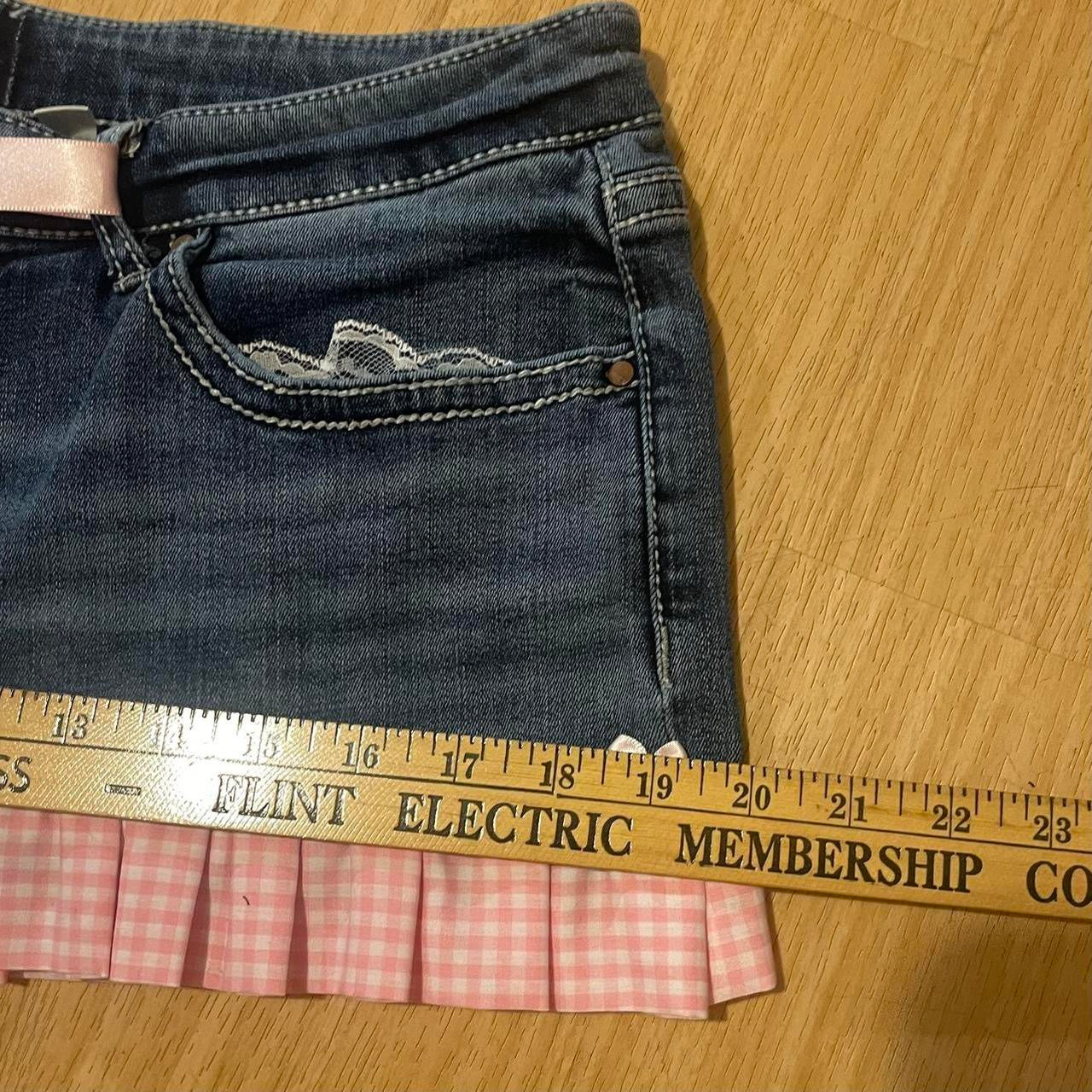 ୨୧ reworked OOAK vintage 2000s pinkaholic princess micro mini denim skirt with lace, charms, baby pink gingham trim and baby pink bows