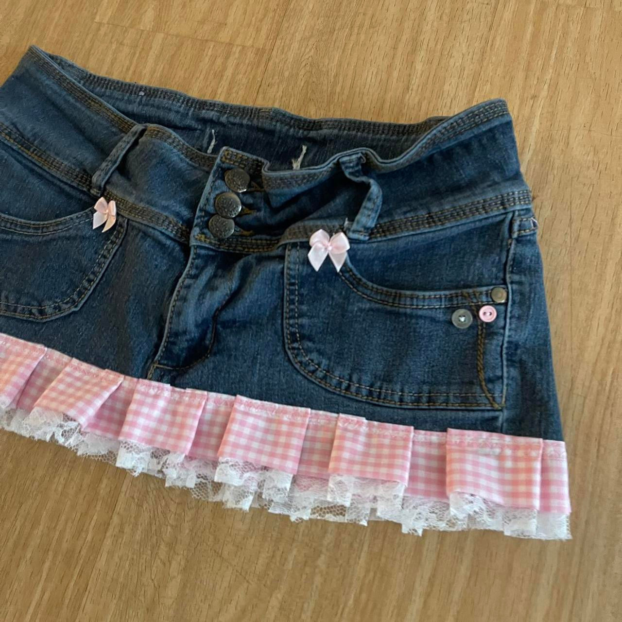 ୨୧ reworked OOAK vintage 2000s triple button micro mini denim skirt with trim and baby pink bow details