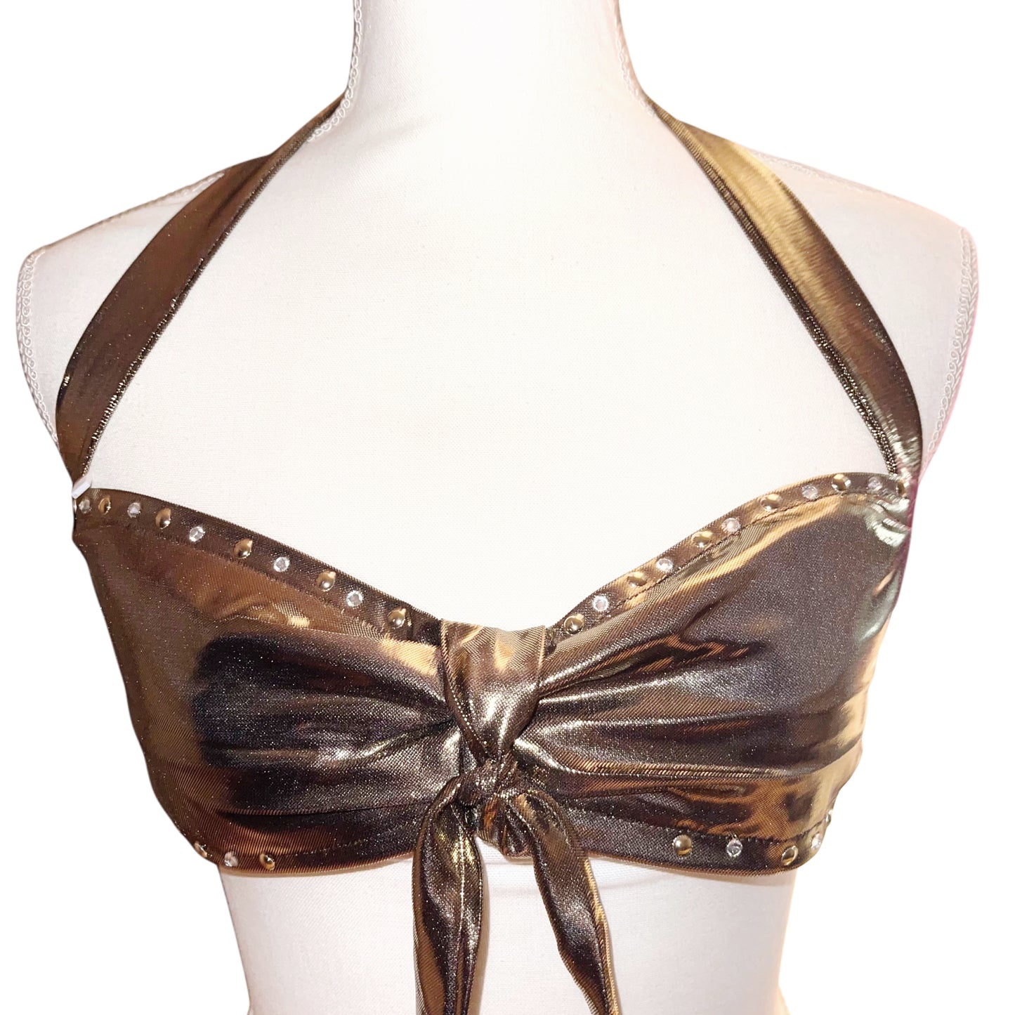 “DIVALICIOUS” Rhinestone Halter Top Bralette in Gold