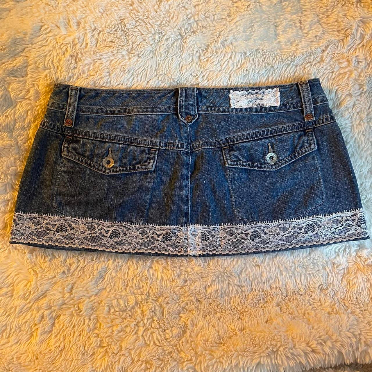 ୨୧ reworked OOAK 2000s extreme denim micro mini skirt with lace trim & pink + white bows