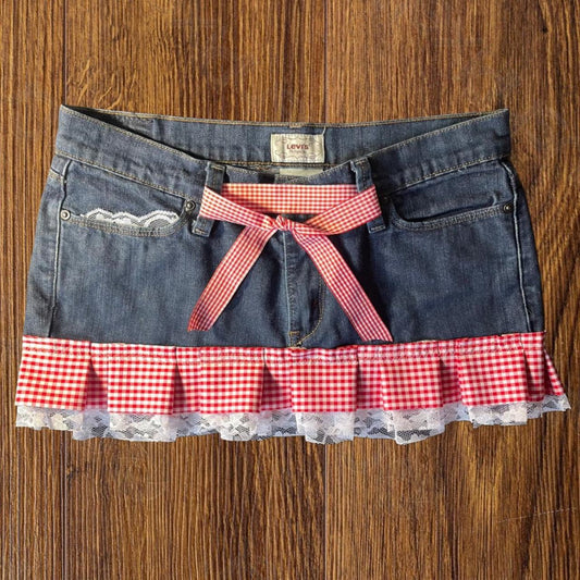 ୨୧ reworked OOAK y2k vintage mini denim skirt with red gingham pleats with lace trim, lace & bows