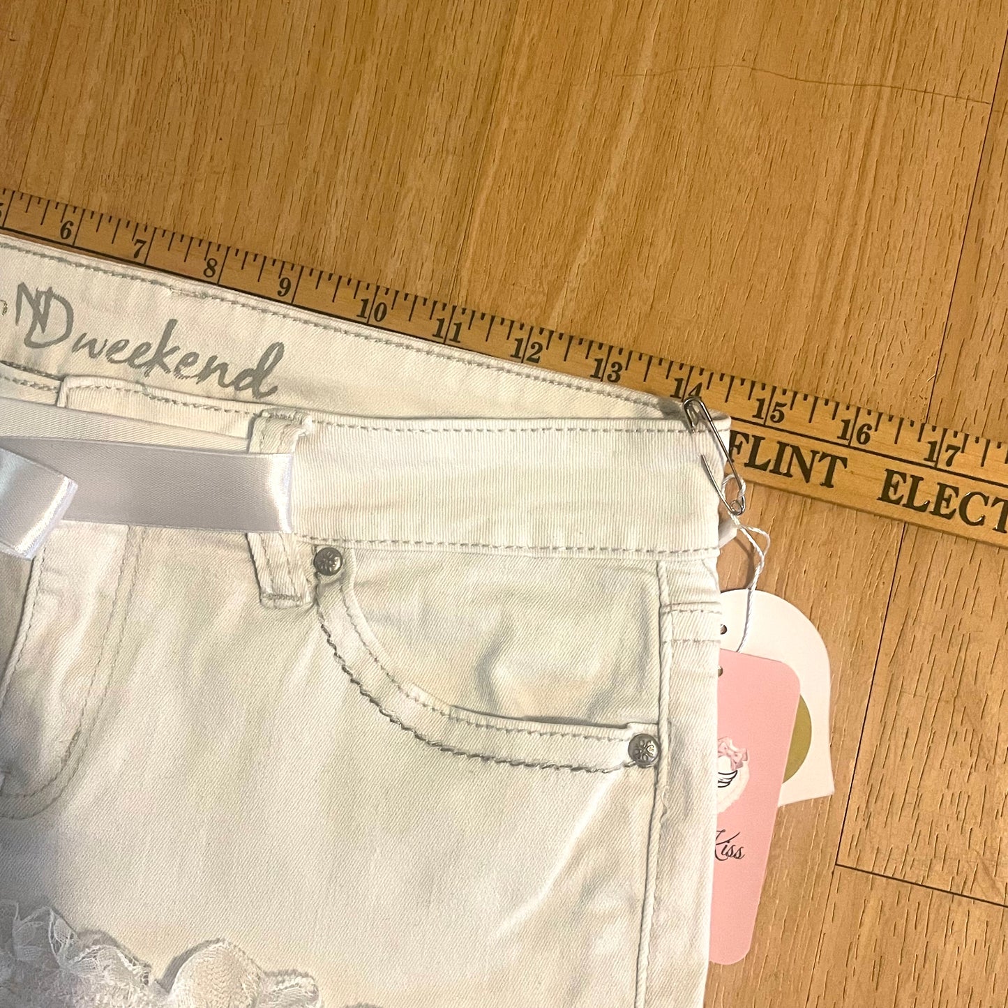Reworked/Upcycled White Denim Mini Skirt (with lace & ribbons)