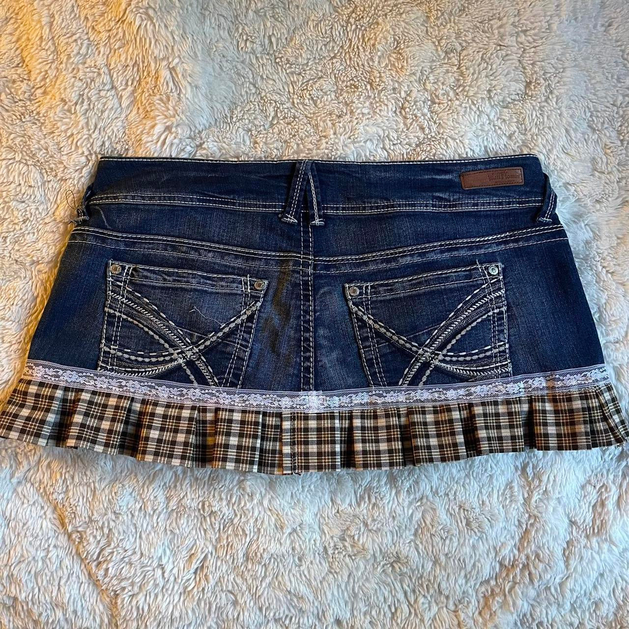 ୨୧ reworked OOAK vintage 70s brooklyn baby princess micro mini denim skirt with trim, lace and bows