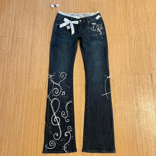 ୨୧ 𝐃𝐎𝐕𝐄 𝐊𝐈𝐒𝐒 “Dove’s Requiem” ribbon flare jeans with matching hair clip