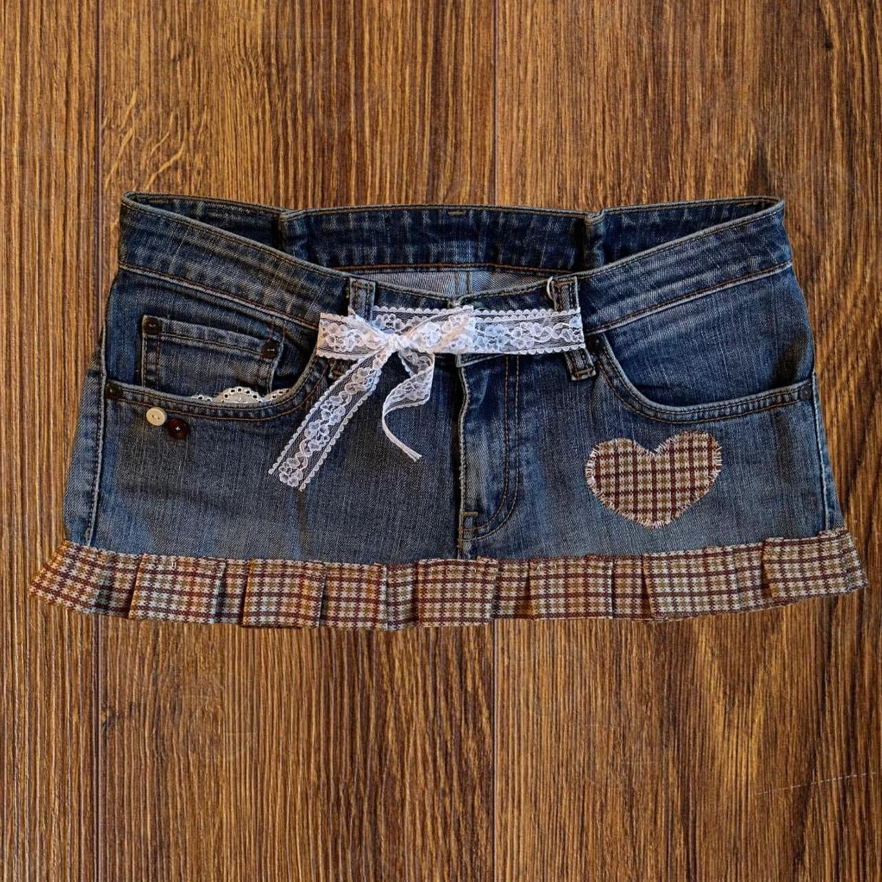 ୨୧ reworked OOAK vintage 70s brooklyn baby sweetheart micro mini denim skirt with buttons, heart patch, plaid trim, lace tie, lace and bows