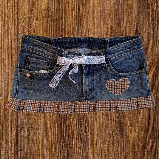 ୨୧ reworked OOAK vintage 70s brooklyn baby sweetheart micro mini denim skirt with buttons, heart patch, plaid trim, lace tie, lace and bows