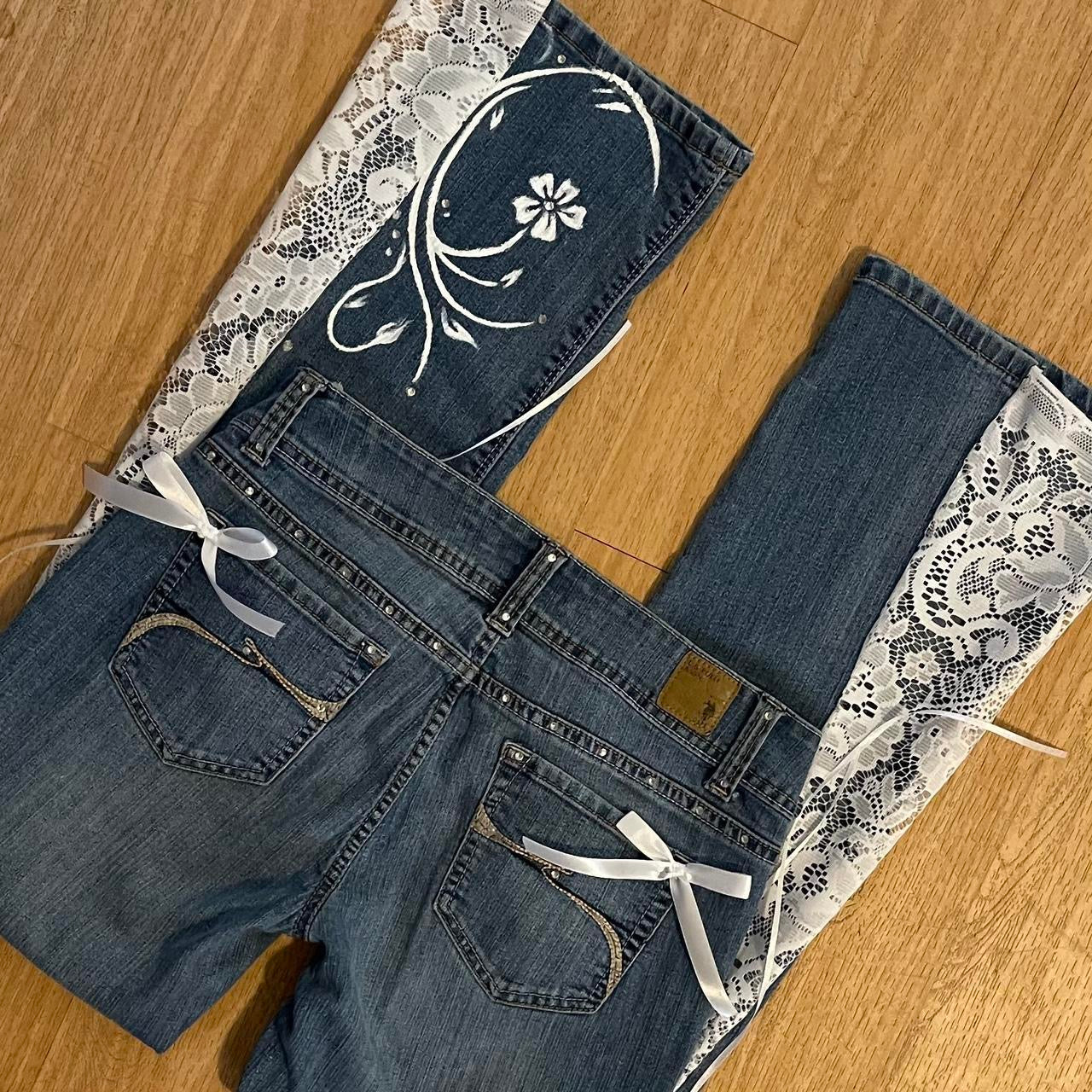 ୨୧ reworked y2k “Valia” by Dove Kiss OOAK white ribbon flare jeans
