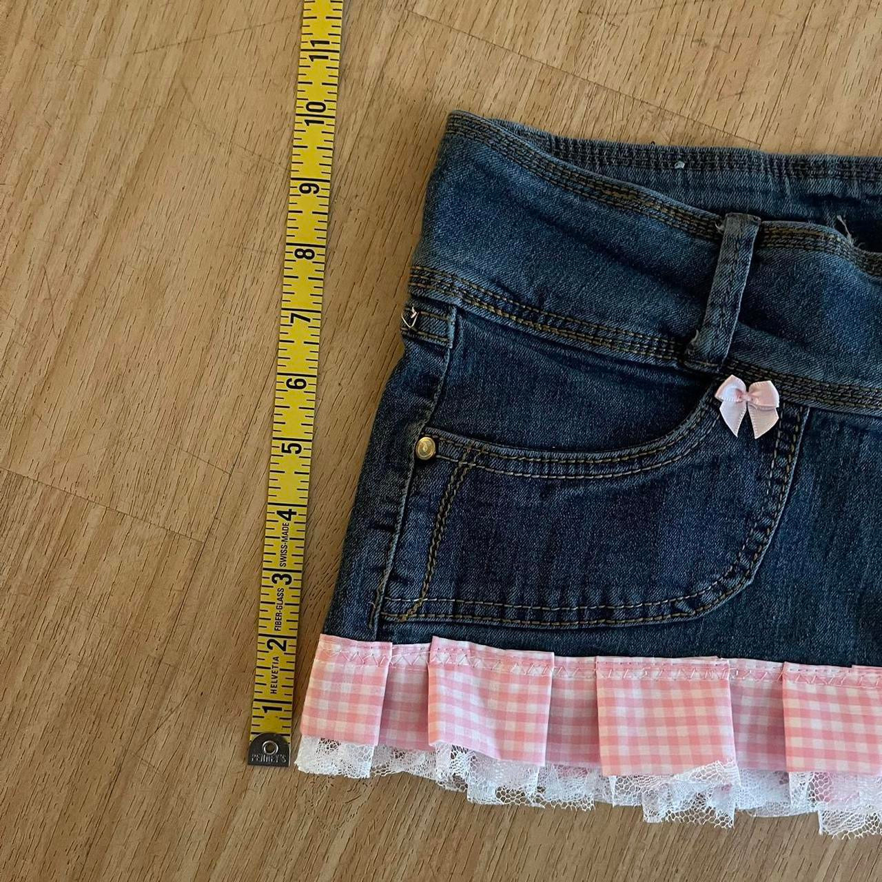 ୨୧ reworked OOAK vintage 2000s triple button micro mini denim skirt with trim and baby pink bow details