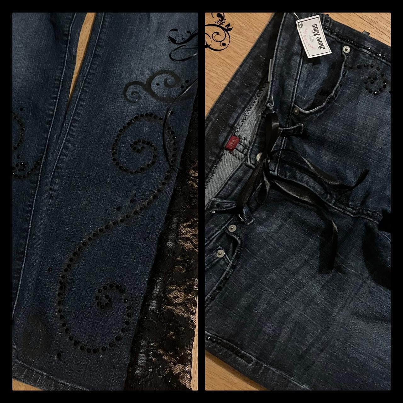 ୨୧ reworked y2k “Valia (Variant 2)” by Dove Kiss OOAK black ribbon flare jeans