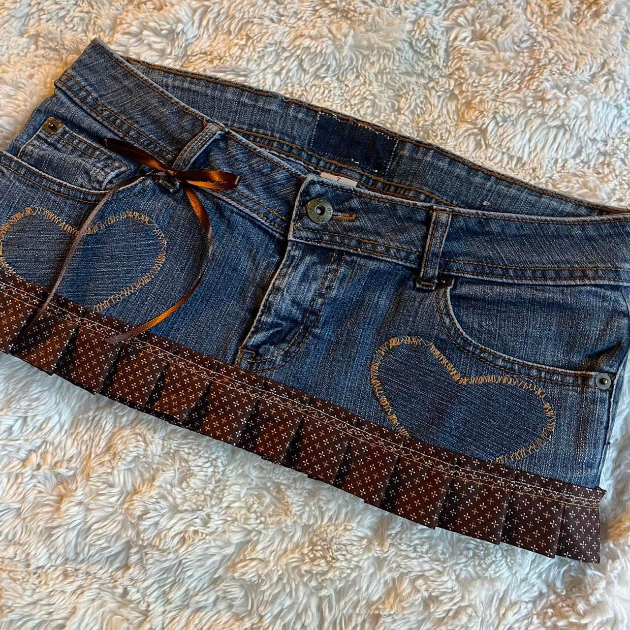 ୨୧ reworked OOAK vintage sweetheart princess micro mini denim skirt with monogram trim, heart patches, lace and bows