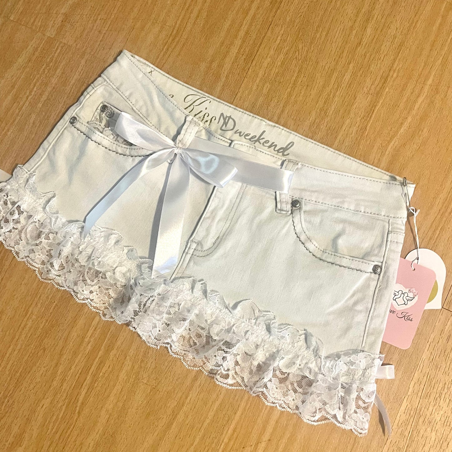 Reworked/Upcycled White Denim Mini Skirt (with lace & ribbons)