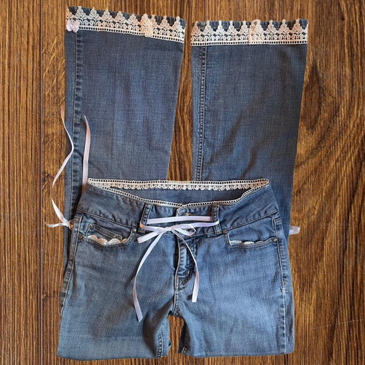 ୨୧ reworked y2k princess OOAK white ribbon jeans with lace embroidery, lace + bows