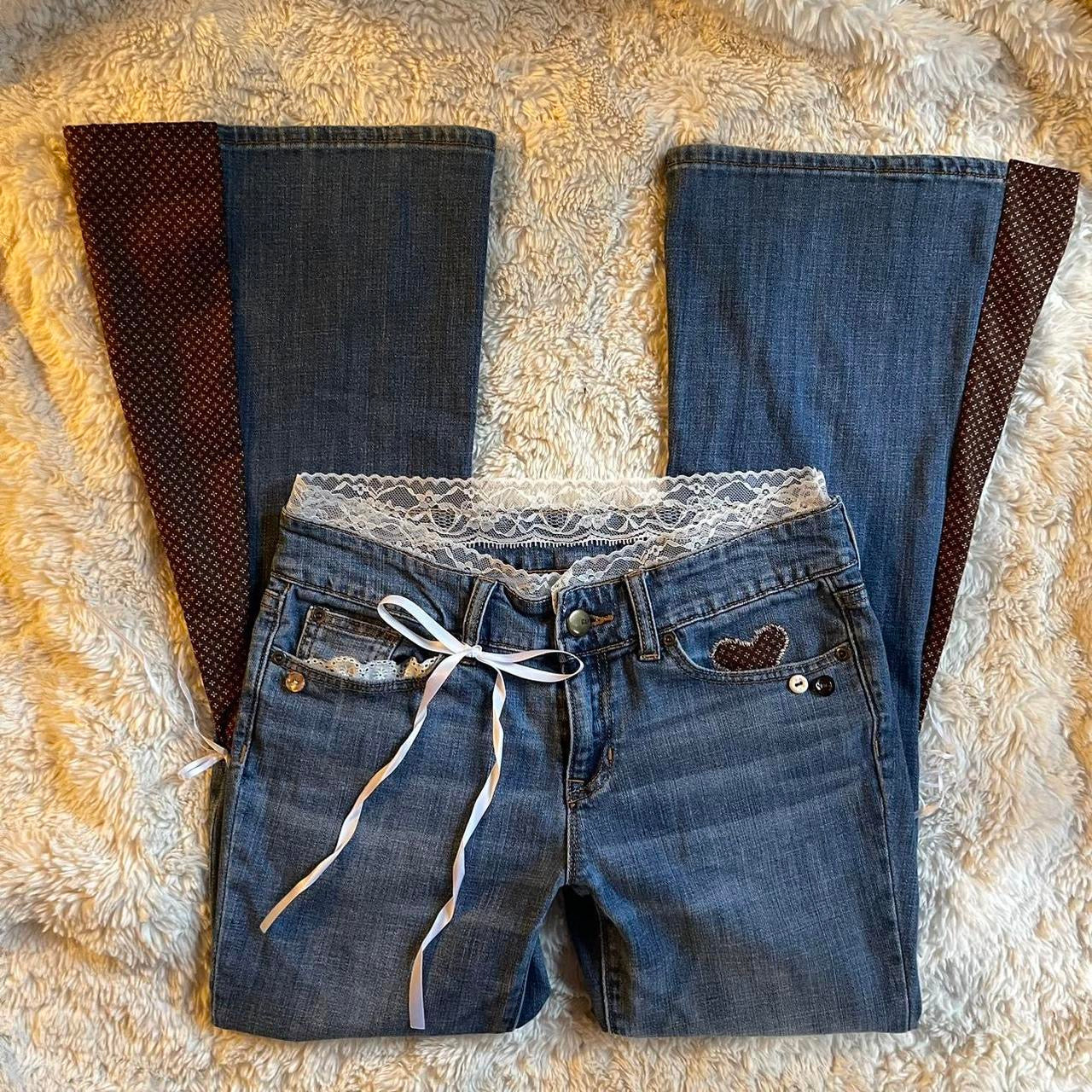 ୨୧ reworked vintage princess OOAK ribbon flare jeans with buttons, heart patch, contrast stitching, lace & bows
