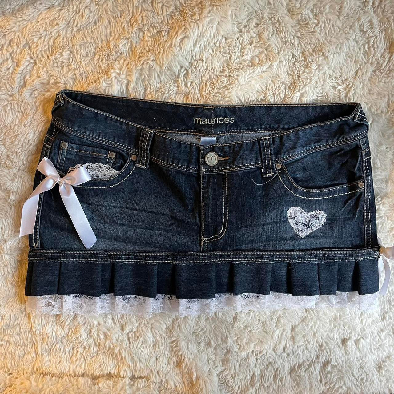 reworked OOAK 2000s princess dark wash denim mini skirt w bows, lace, & handmade pleats ୨୧