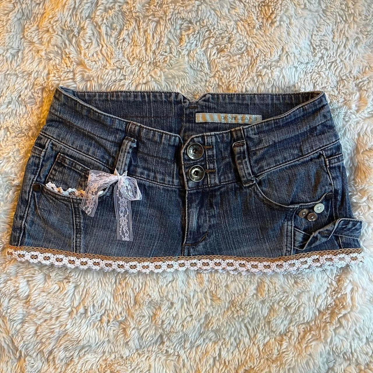 ୨୧ reworked OOAK 2000s princess extreme denim micro mini skirt with buttons, tan crochet lace trim & bow
