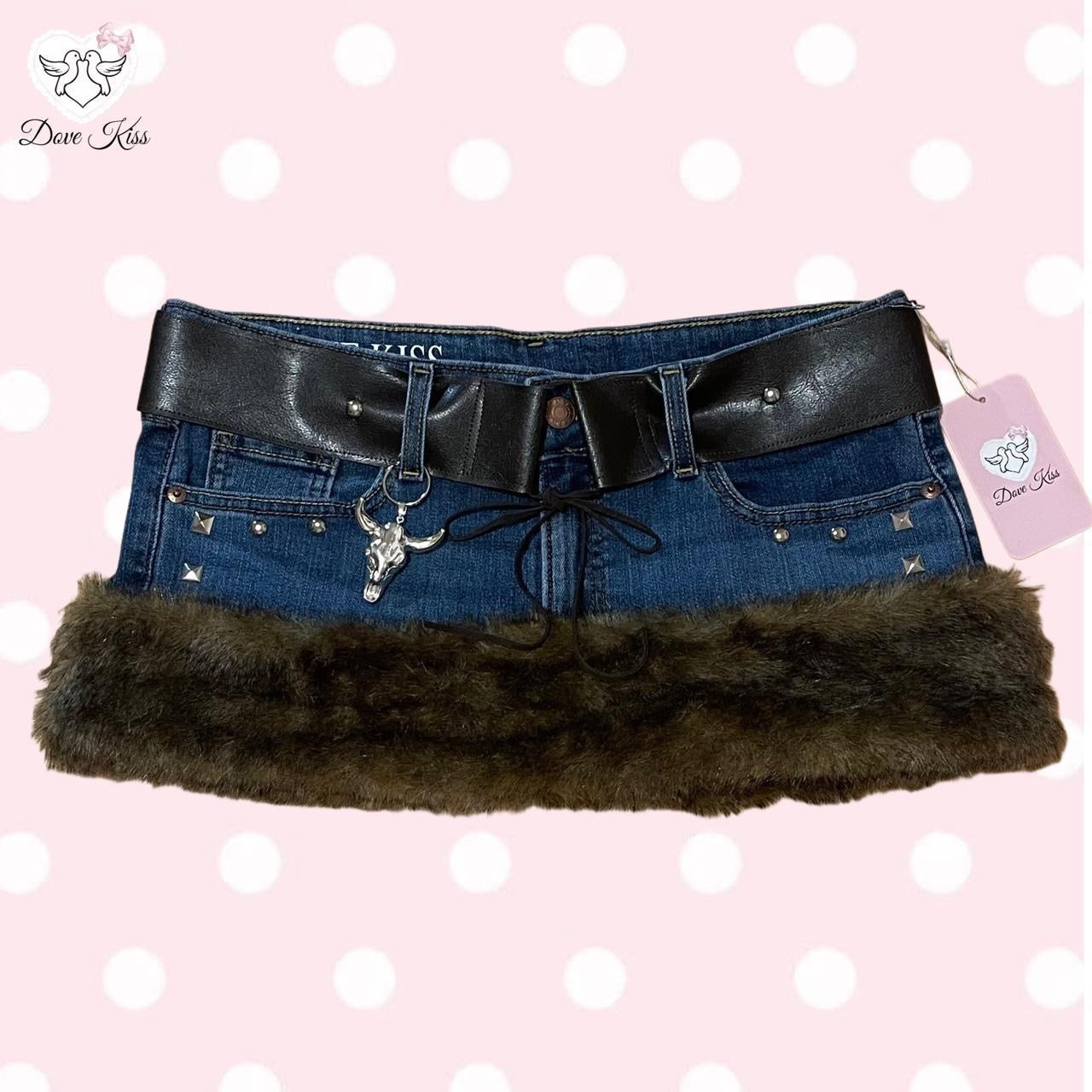 ୨୧ OOAK 2000s Grunge Princess Upcycled Micro Mini Faux Fur Trim Skirt - SIZE M