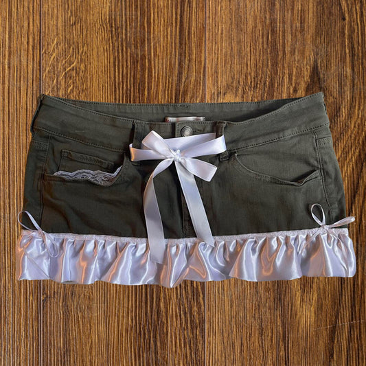 ୨୧ reworked OOAK vintage khaki cutie micro mini denim skirt with satin trim and white bow details