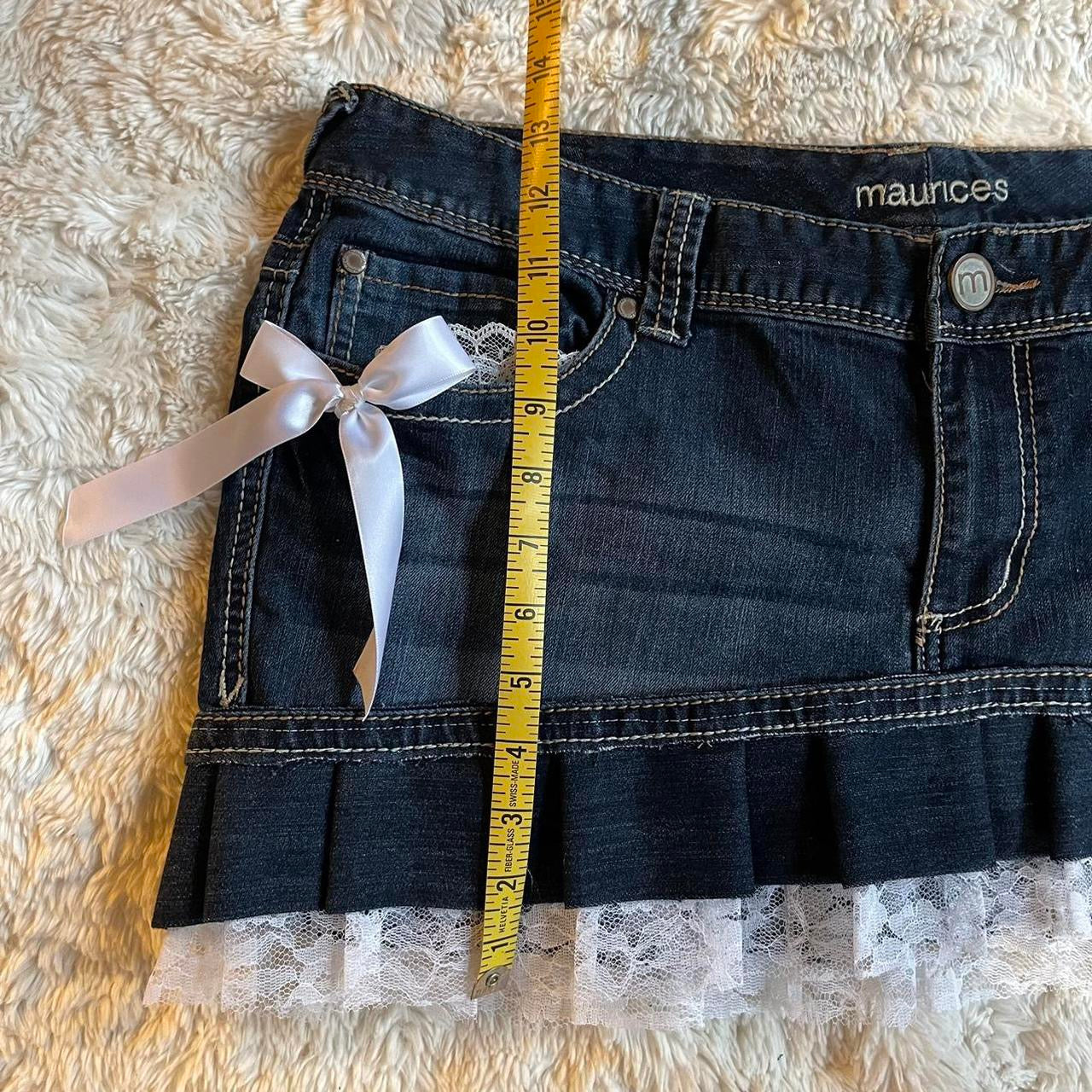 reworked OOAK 2000s princess dark wash denim mini skirt w bows, lace, & handmade pleats ୨୧