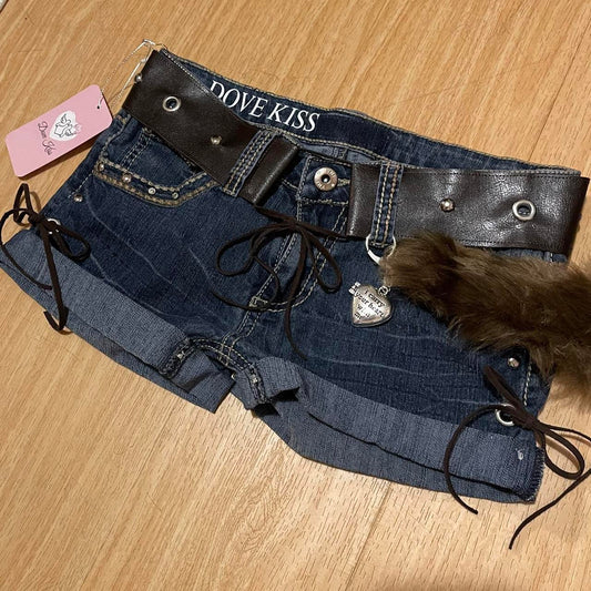 ROCKSTAR PRINCESS Mini Faux Fur Denim Shorts - SIZE XXXS