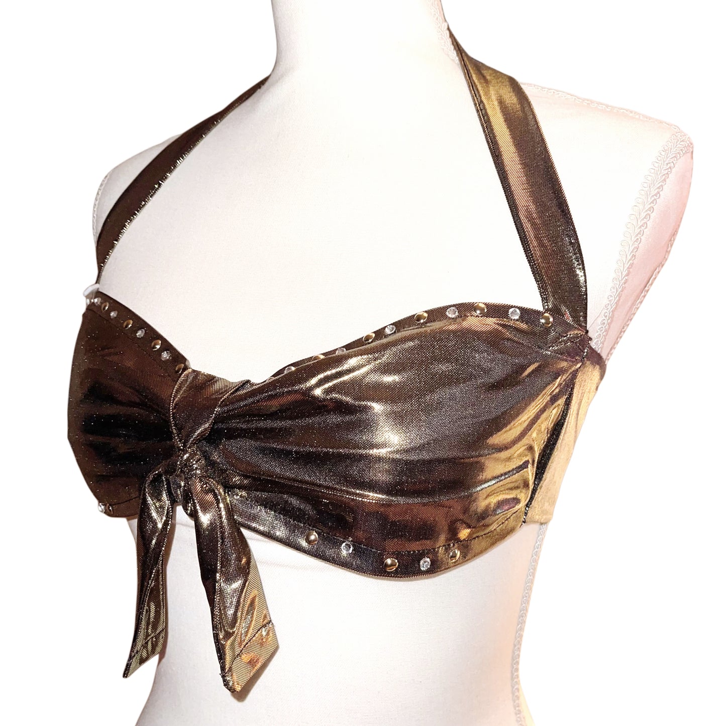 “DIVALICIOUS” Rhinestone Halter Top Bralette in Gold