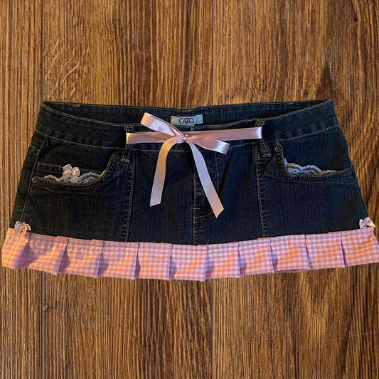 ୨୧ reworked OOAK vintage micro mini denim skirt with trim and baby pink bow details