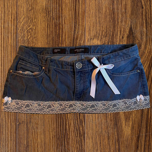 ୨୧ reworked OOAK 2000s extreme denim micro light blue mini skirt with rhinestones, lace trim & white bows