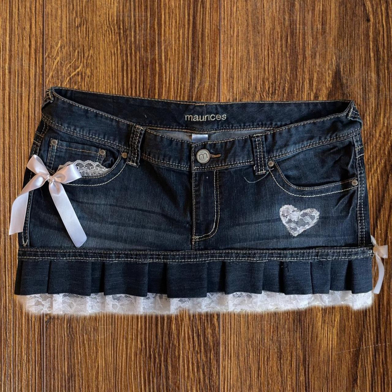 reworked OOAK 2000s princess dark wash denim mini skirt w bows, lace, & handmade pleats ୨୧