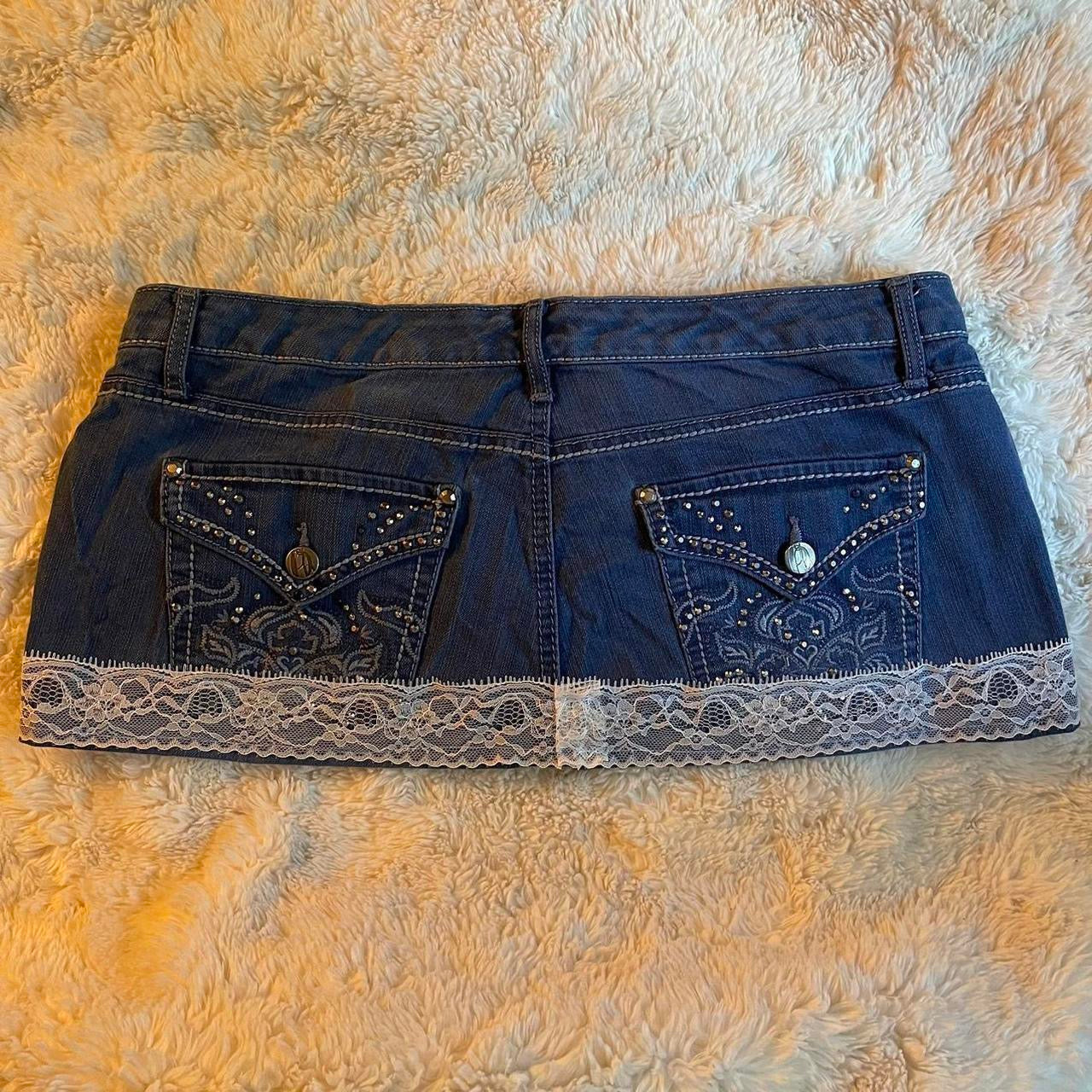 ୨୧ reworked OOAK 2000s extreme denim micro light blue mini skirt with rhinestones, lace trim & white bows