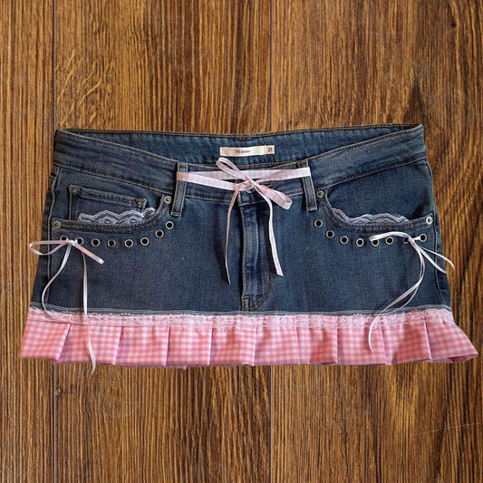 reworked y2k OOAK vintage micro mini denim skirt with gingham trim and baby pink bow details