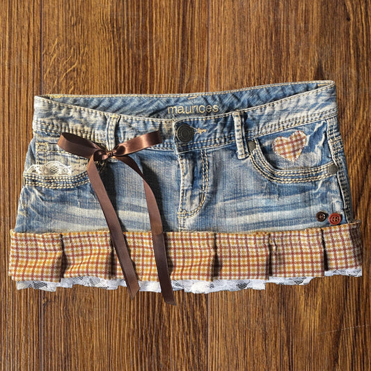 ୨୧ reworked OOAK vintage 70s brooklyn baby princess micro mini denim skirt with trim, lace and bows