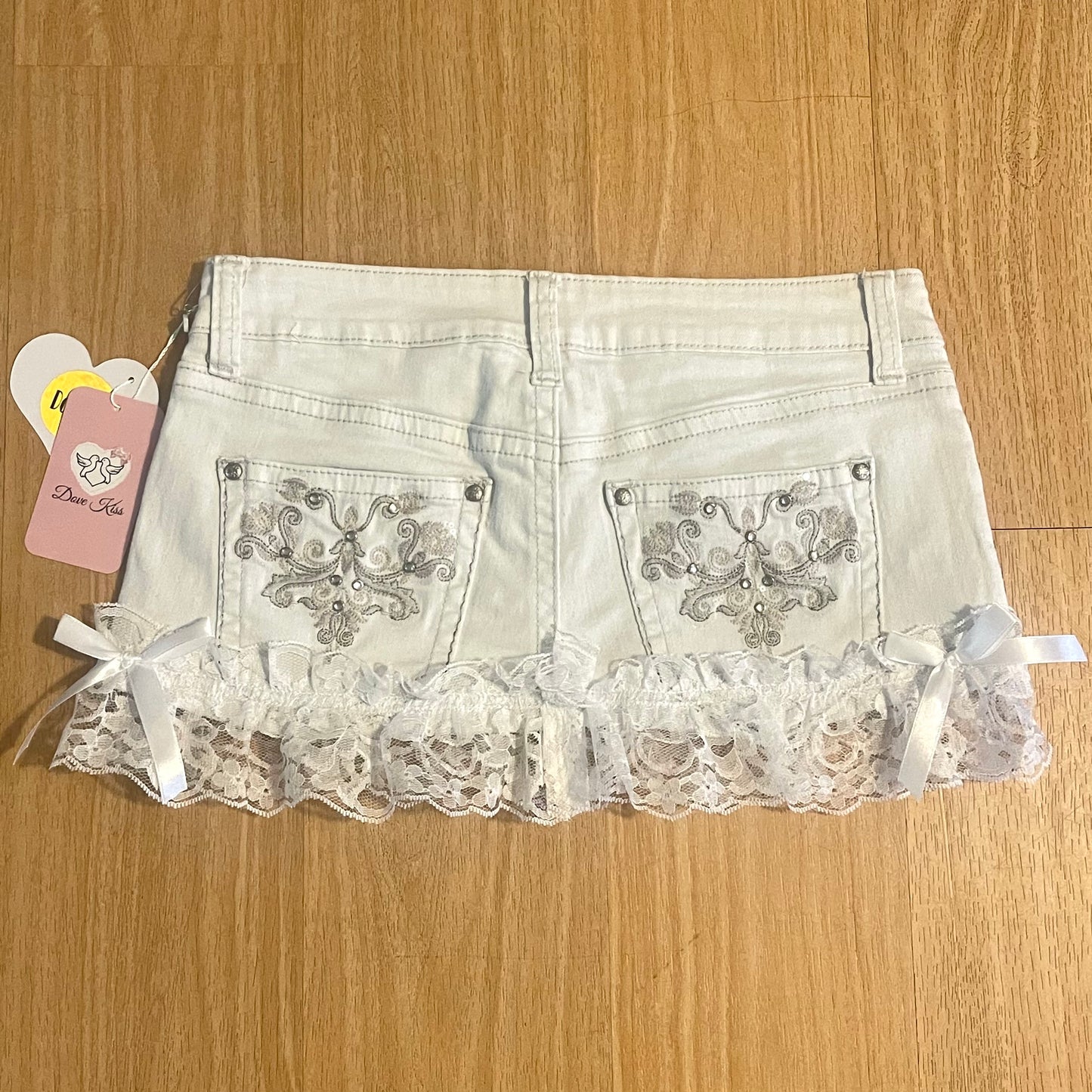 Reworked/Upcycled White Denim Mini Skirt (with lace & ribbons)