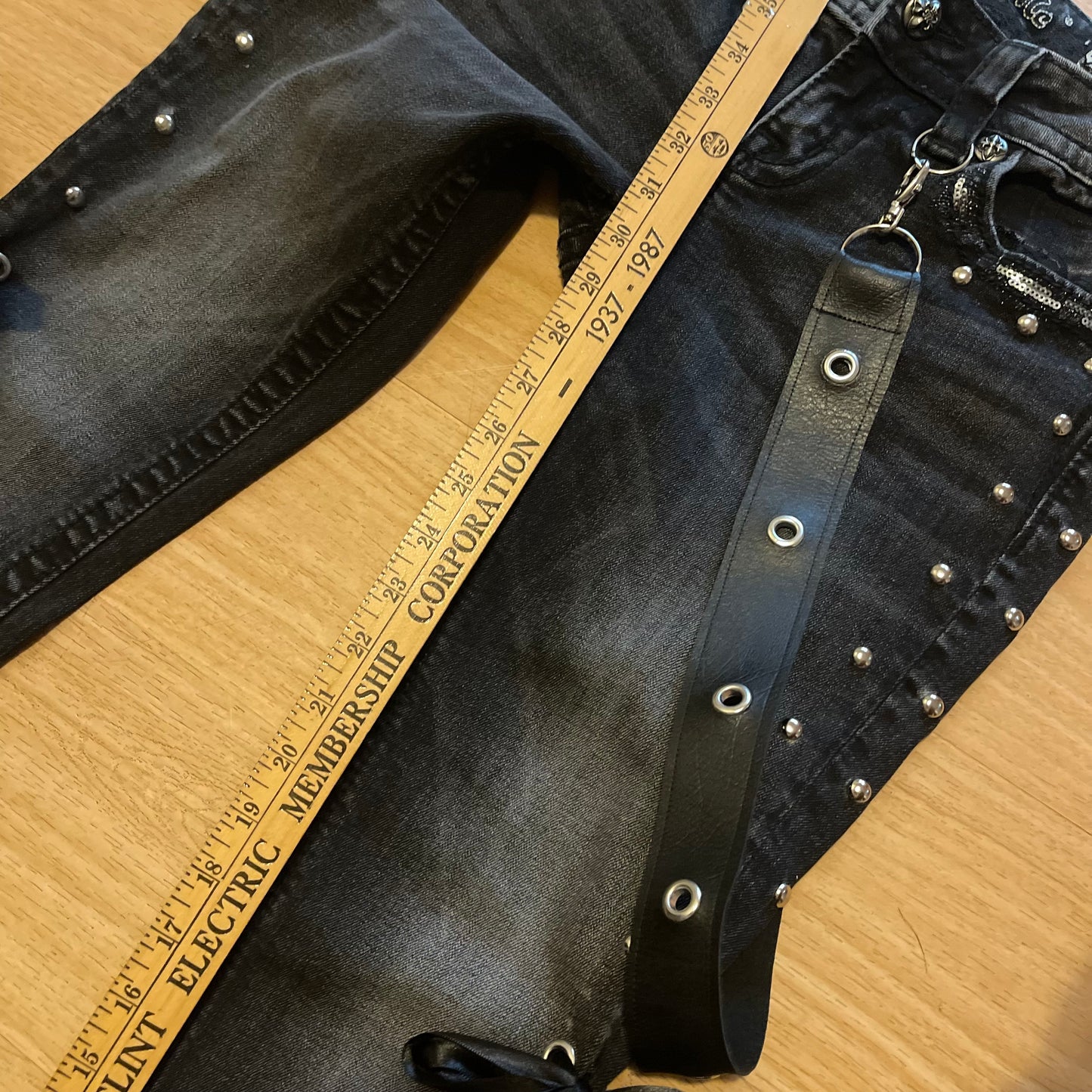 Reworked/upcycled y2k princess OOAK black ribbon jeans (with lace and embellishments)