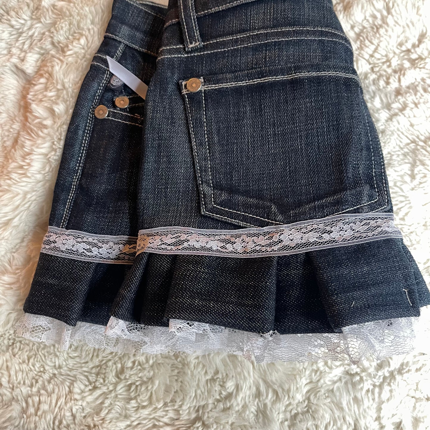 reworked OOAK 2000s princess dark wash denim mini skirt w bows, lace, & handmade pleats ୨୧