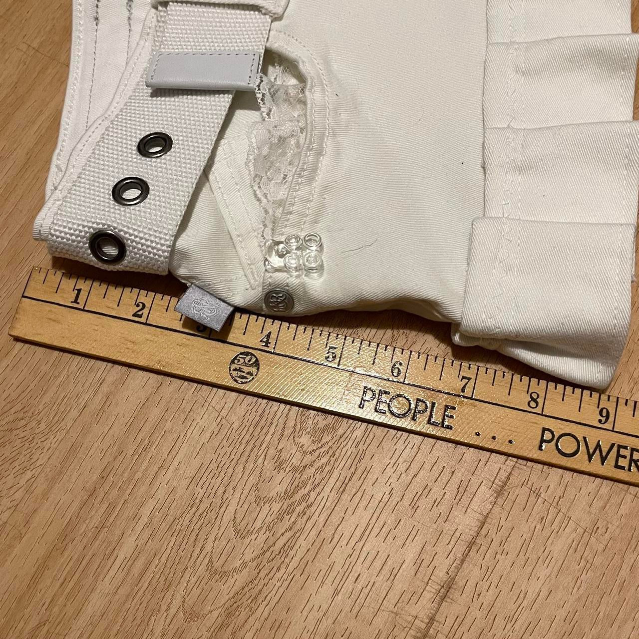 ୨୧ reworked ooak 2000s snow angel princess extreme denim micro mini skirt with ice clear teddy charms, lace trim, rhinestones, y2k grommet belt , & white bows