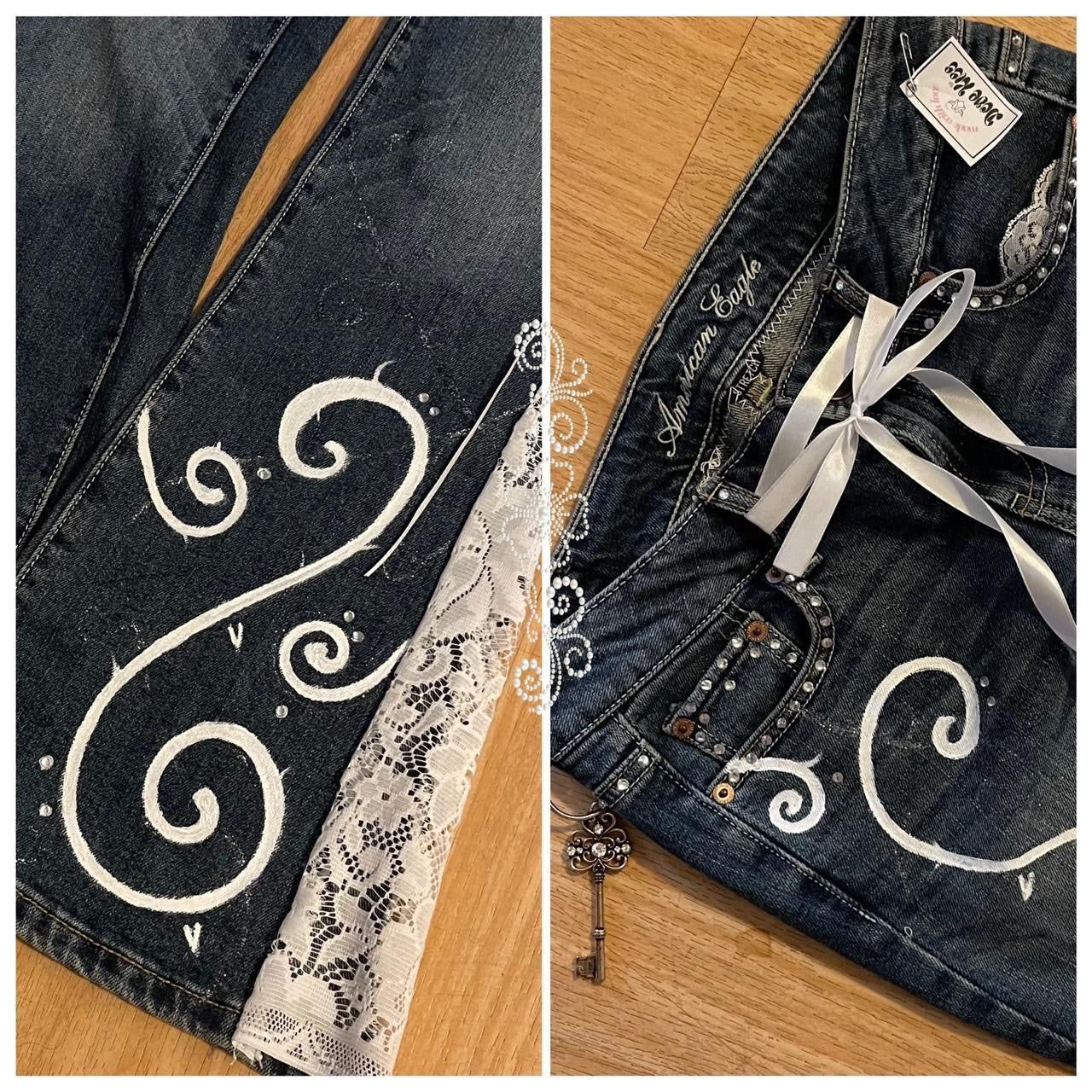 ୨୧ reworked y2k “Valia” by Dove Kiss OOAK white ribbon flare jeans
