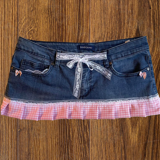 ୨୧ reworked OOAK vintage micro mini denim skirt with trim and baby pink bow details