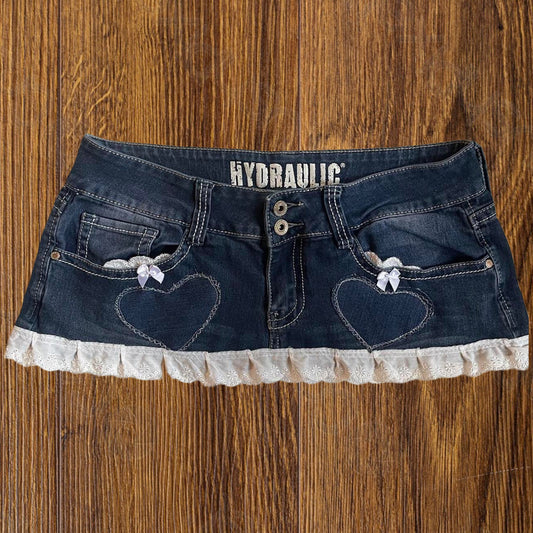 reworked OOAK 2000s “sweetheart” extreme denim micro mini skirt with lace trim, heart patches & bows