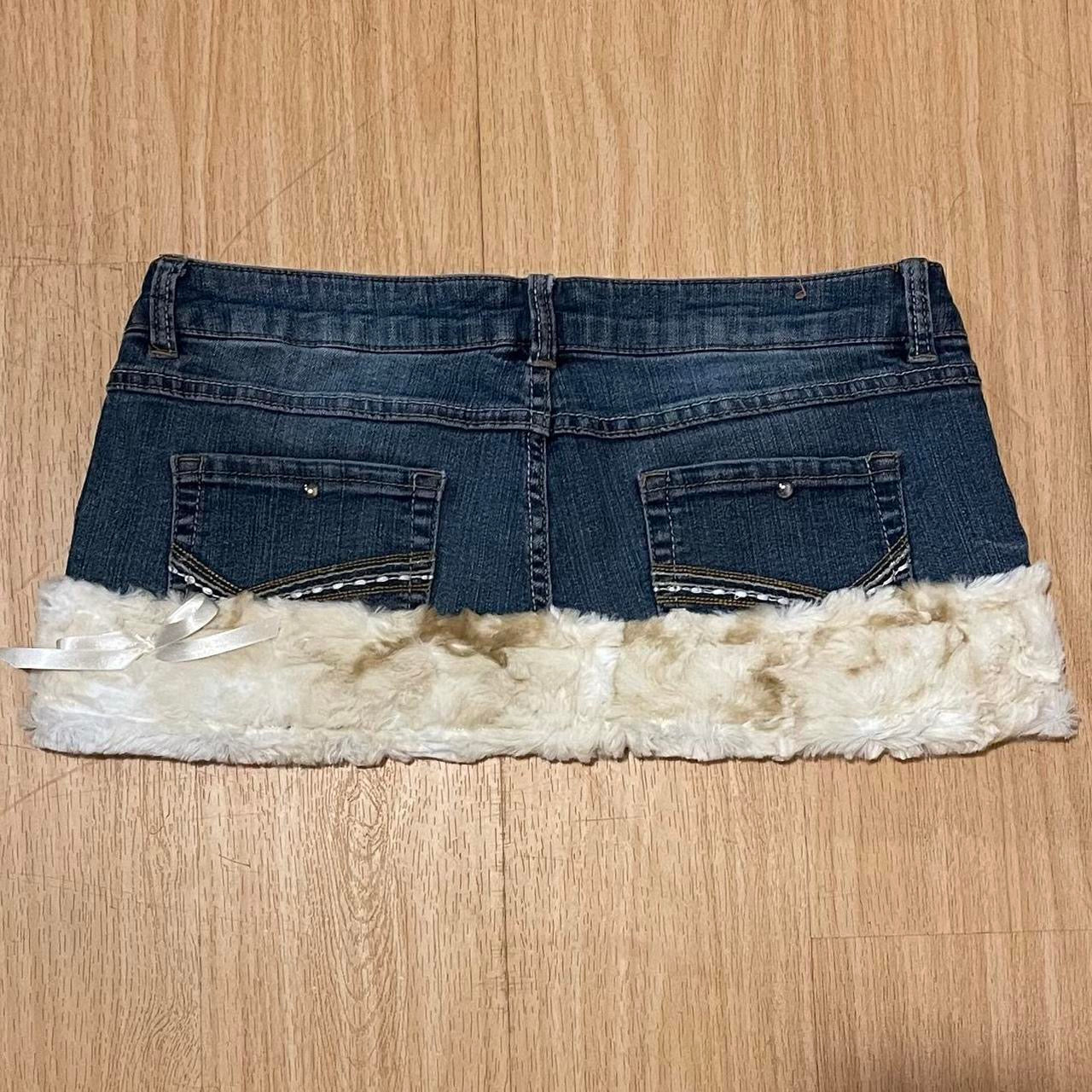 reworked OOAK 2000s angel princess micro mini fur trim skirt with partial inner fur lining, studs, rhinestones, lace, & ribbons ୨୧